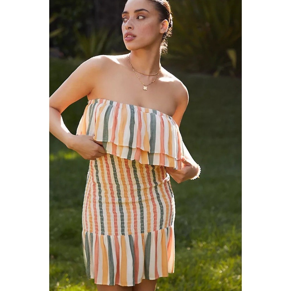 Anthropologie Strapless Smocked Mini Dress Ruffle Medium  Orange Green